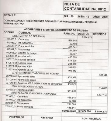 NOTA DE CONTABILIDAD PARA NOMINA